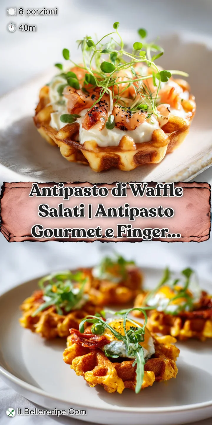 Close-up of a fluffy waffle square piled high with marinated artichoke hearts, creamy mozzarella, and bright red peppers.