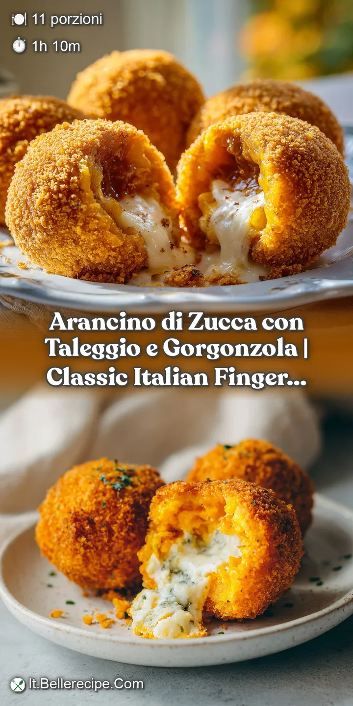 A close-up shot of a golden-brown arancino, cracked open, showing molten taleggio and gorgonzola cheese.
