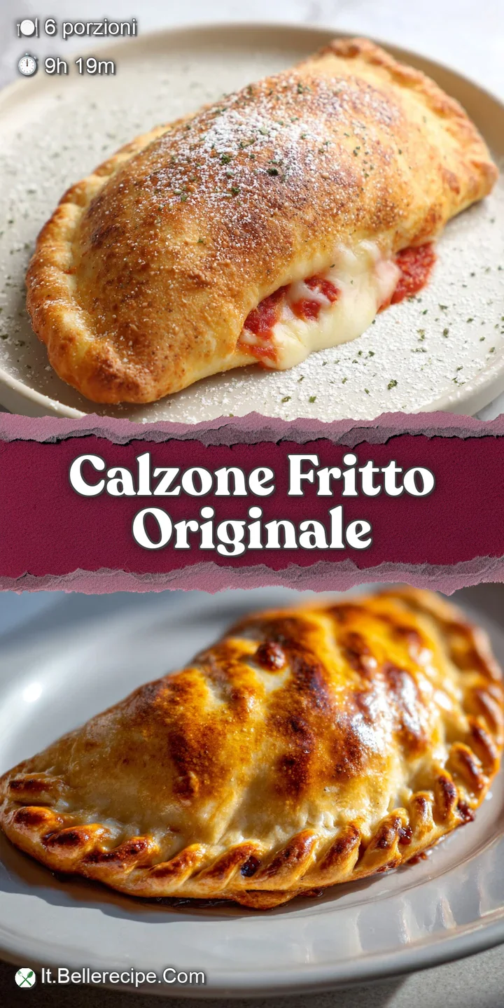 Close-up of a blistered, golden-brown fried calzone with visible cheese oozing, hot & fresh from the fryer.