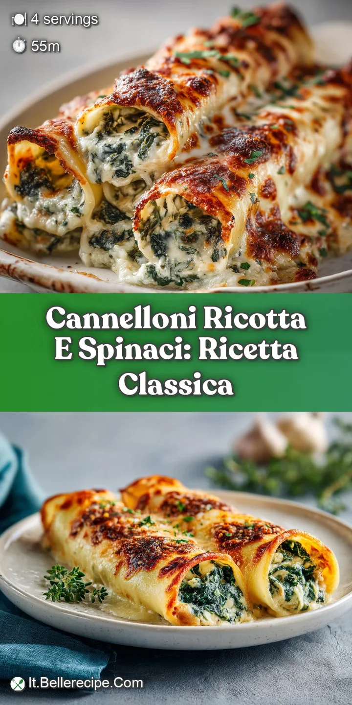 Close-up view of cannelloni: golden pasta tubes filled with creamy ricotta and spinach, topped with melted cheese and herbs.
