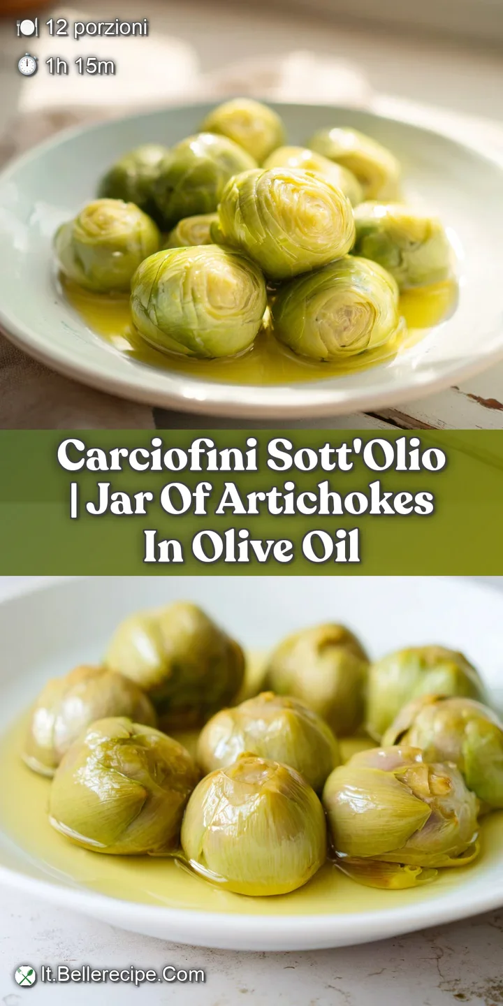 Primo piano di un carciofo sott'olio dalla texture compatta, colore verde oliva e superficie lucida e appetitosa.