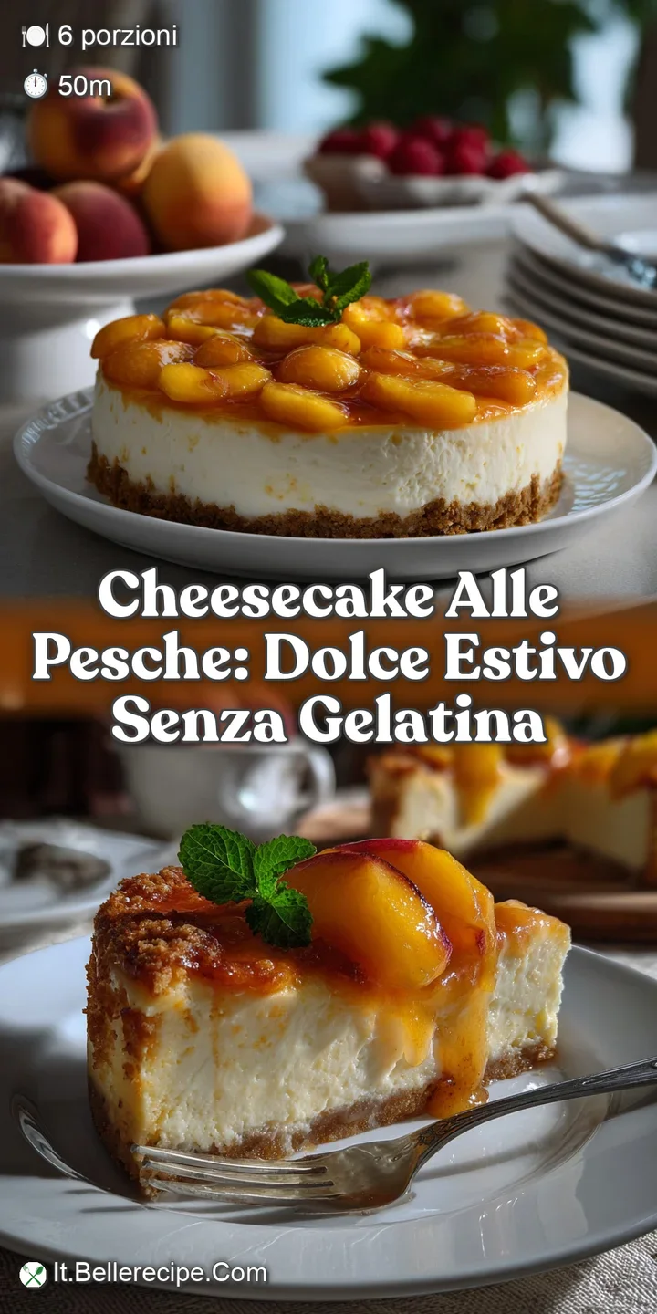 Close-up of a smooth, textured cheesecake with ripe, juicy peach slices. The enticing dessert offers a burst of fresh flav...