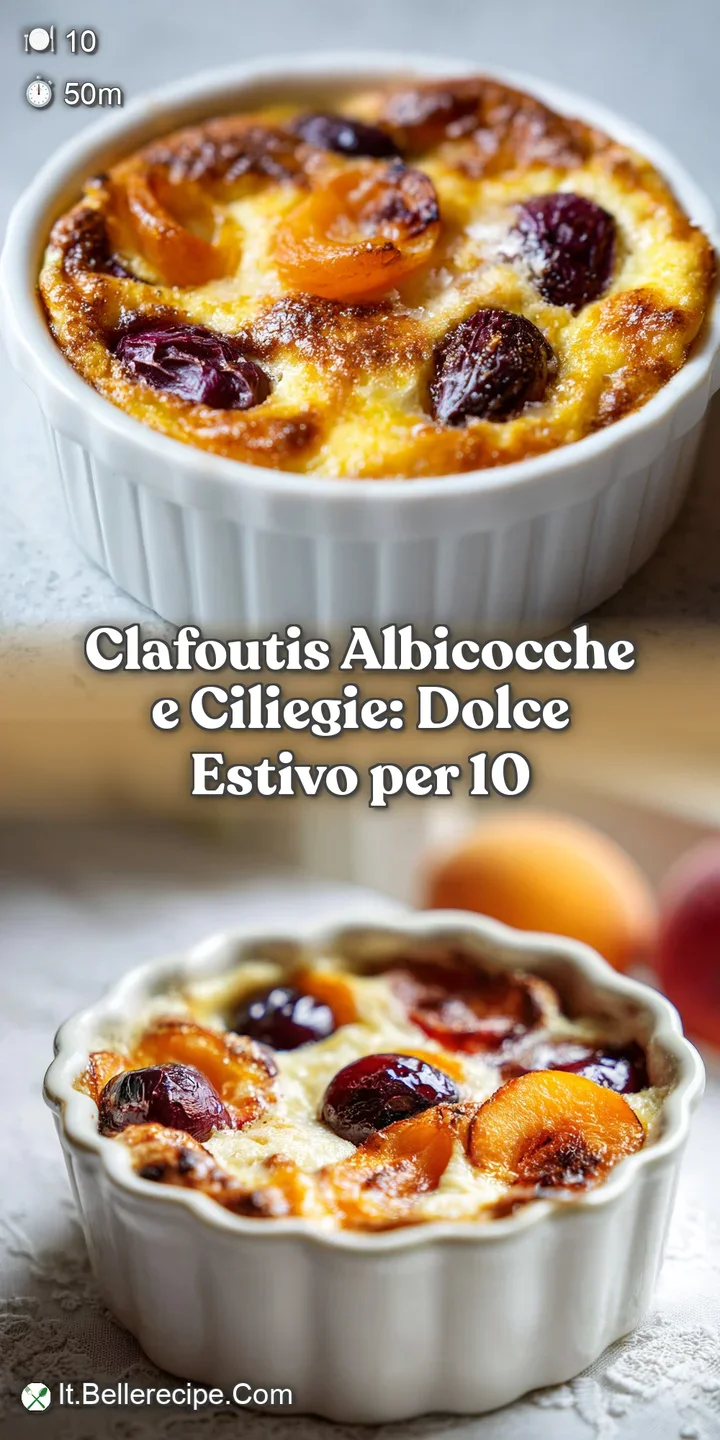 Close-up: Tart cherries and ripe apricots are baked into a puffy golden custard. The edges are lightly browned, promising ...