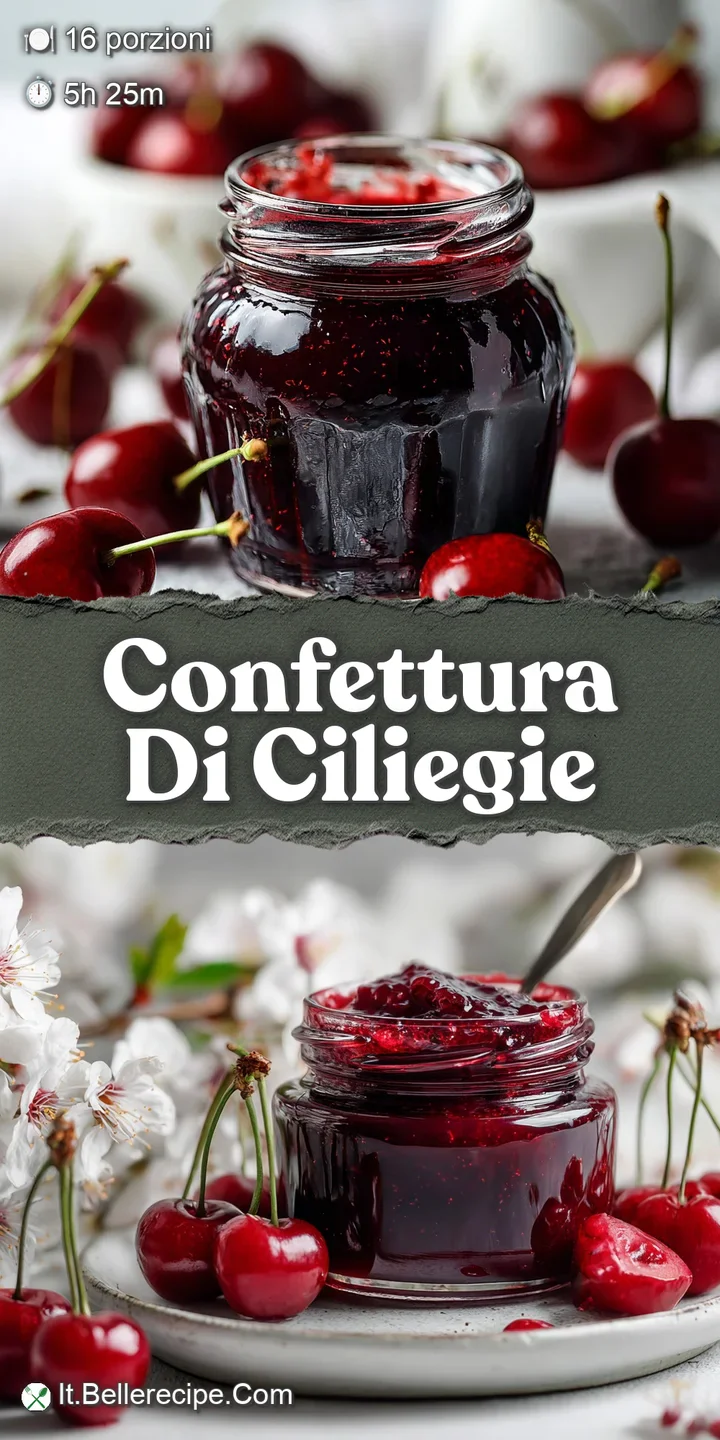 Close-up of glistening, deep red cherry jam; plump, juicy cherries visible within, suspended in the sweet preserve.