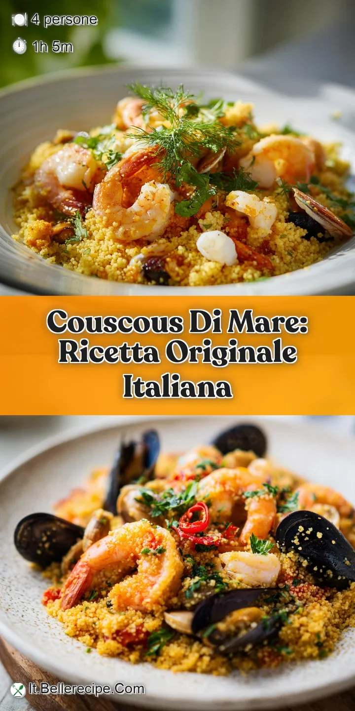 Close-up of couscous di mare, with glistening seafood and aromatic herbs promising a delicious Mediterranean experience.