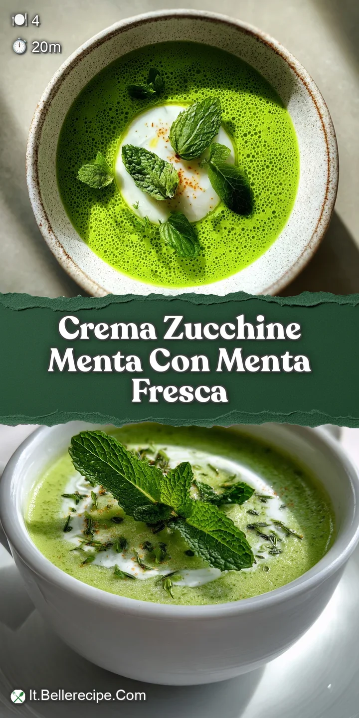 Close-up of creamy green zucchini soup, glistening with olive oil and flecked with vibrant, freshly chopped mint leaves.