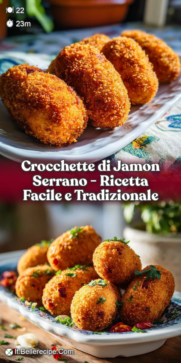 Close-up of a crispy, golden-fried croquette, revealing a creamy, savory interior dotted with visible flecks of cured Span...