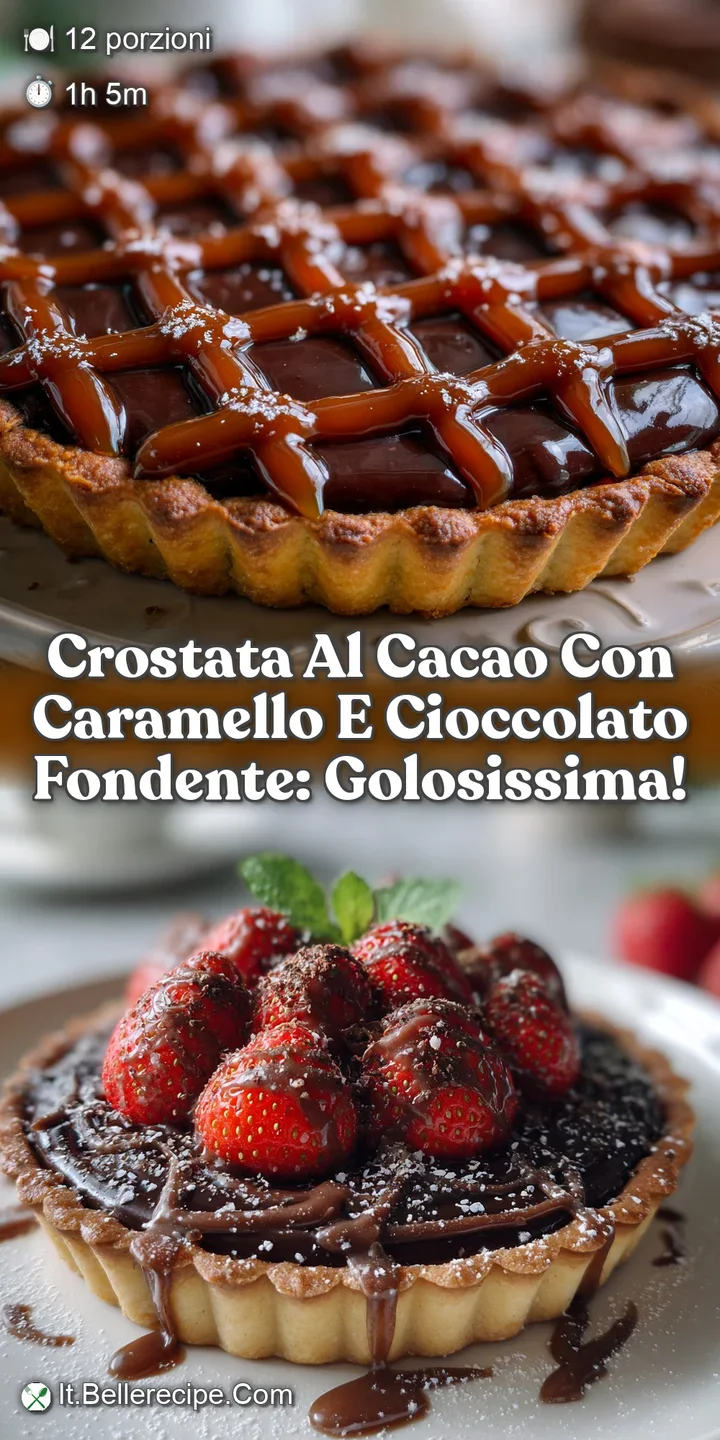 Close-up of a dark chocolate tart with a flaky crust, oozing caramel, and intensely dark chocolate pieces, sprinkled with ...