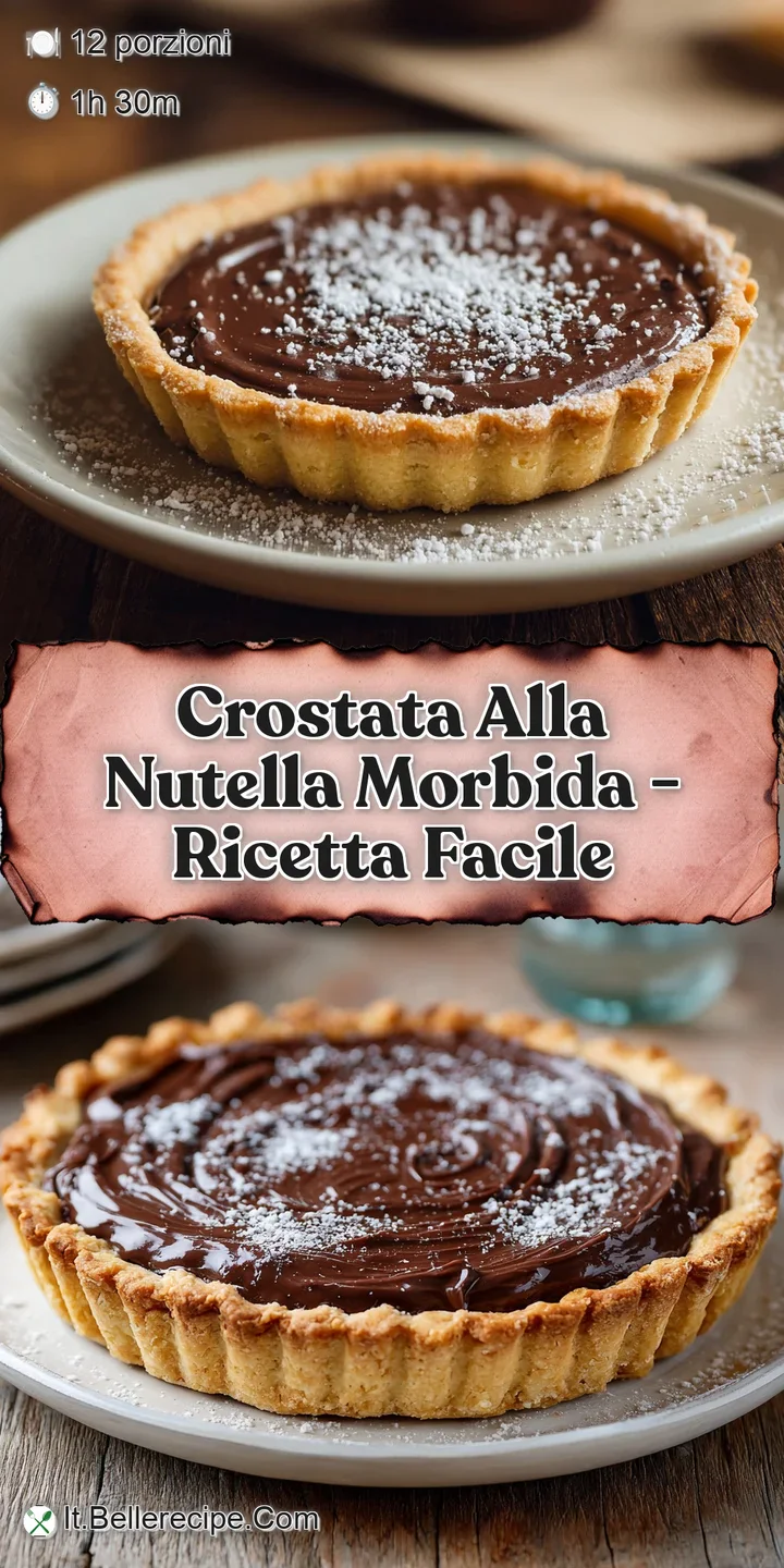 Close-up of Nutella swirled within a golden crostata. Warm, rich brown contrasts with the flaky, slightly cracked crust.