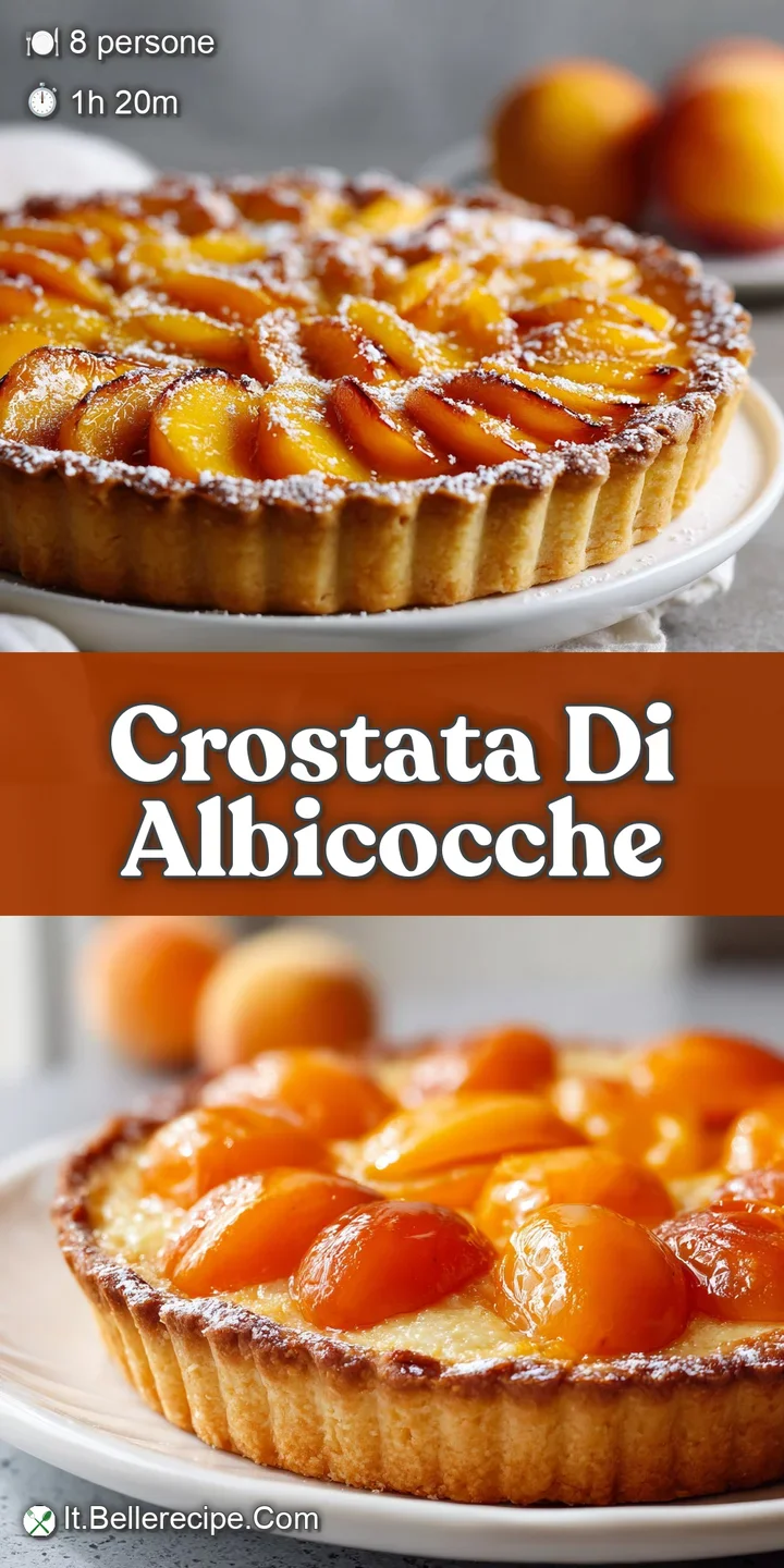 Close-up of a homemade apricot crostata showing glistening, jammy fruit filling bubbling inside a crisp, rustic crust.
