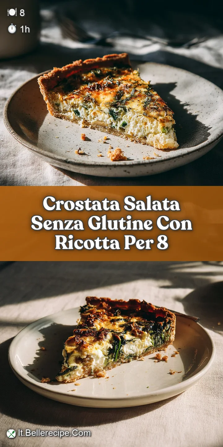 Close-up of a gluten-free ricotta crostata. Flaky, golden crust surrounds the creamy, white filling. Fresh herbs are brigh...