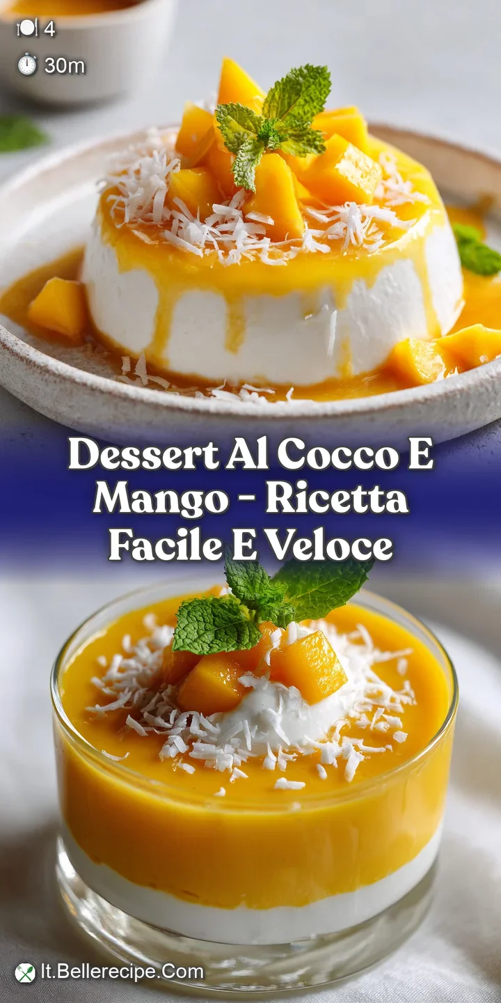 Close-up of the creamy coconut dessert with juicy mango pieces. Glossy, smooth texture with a hint of tropical sunshine. D...