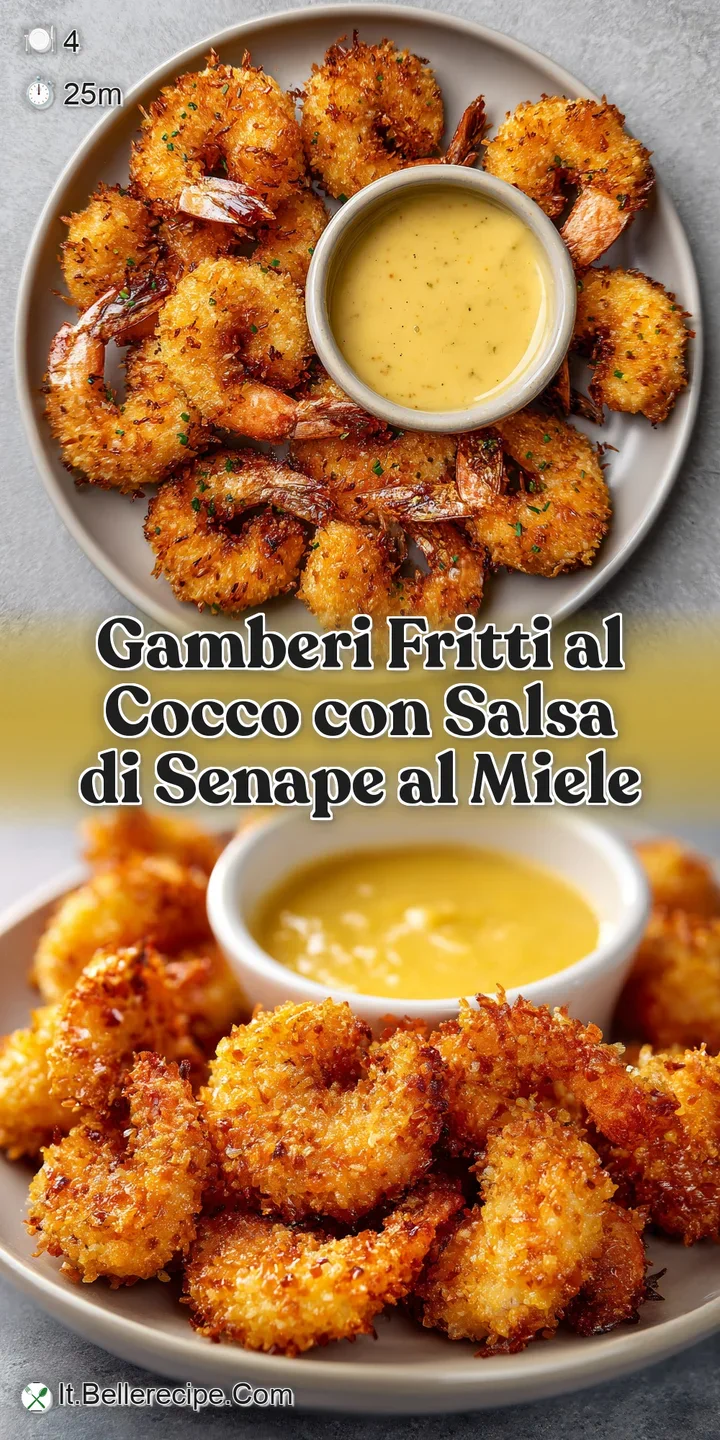 A close-up shot reveals the satisfying crunch of toasted coconut on plump shrimp, drizzled generously with a rich honey gl...