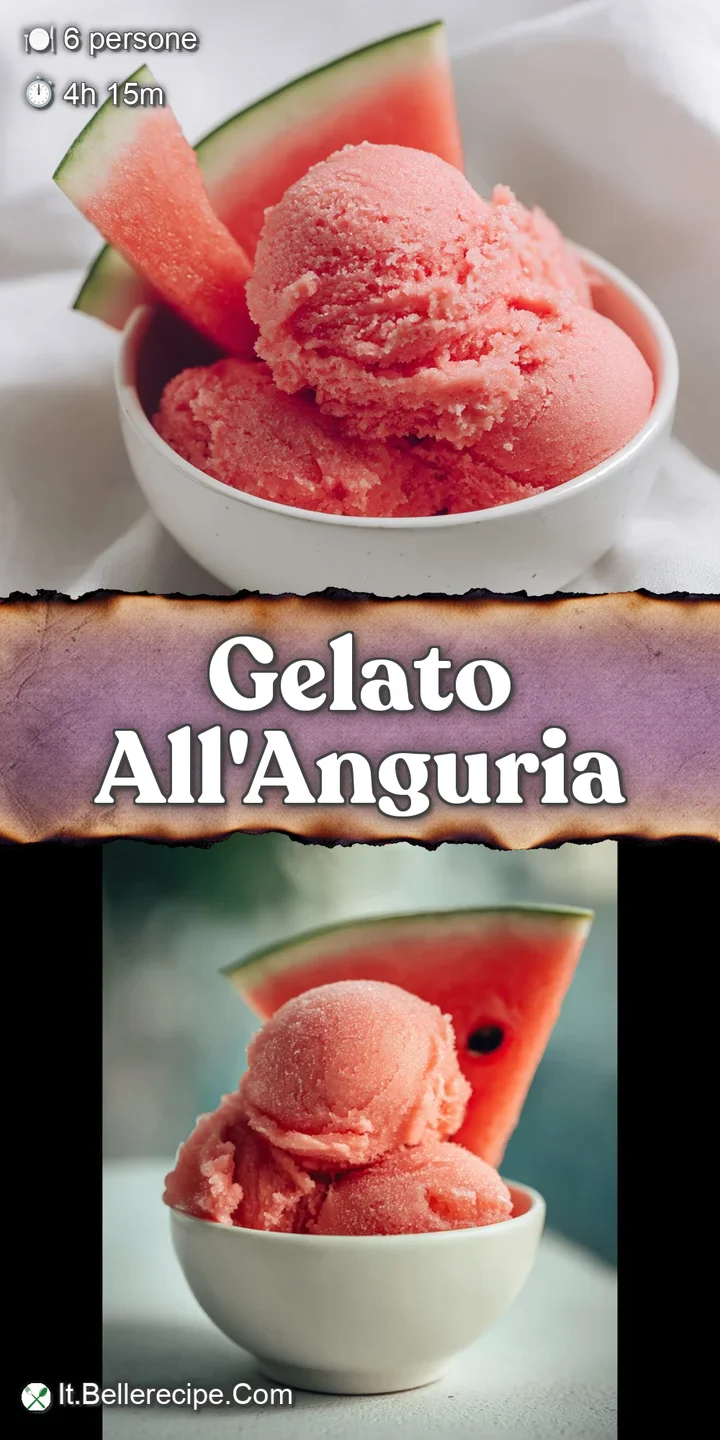 Close-up reveals the refreshing texture of homemade watermelon gelato, its frosty surface glistening with tiny ice crystal...