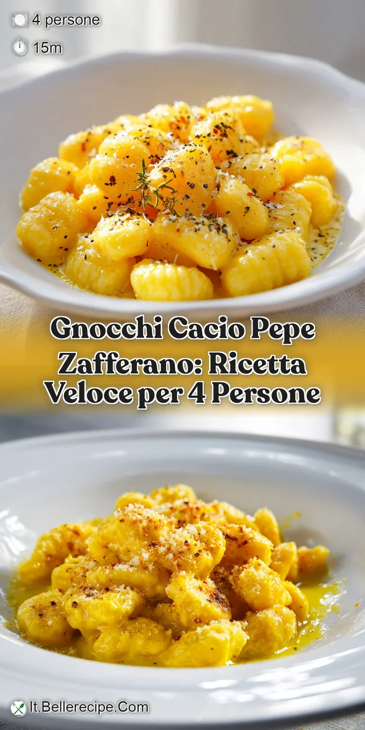 Creamy close-up reveals tender gnocchi coated in a vibrant saffron sauce, flecked with black pepper and grated cheese.
