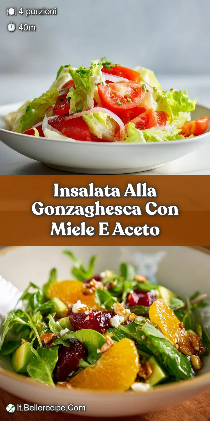 Close-up of Insalata alla Gonzaghesca. Fresh herbs and ripe tomatoes glisten, showing textures of creamy cheese and crisp ...