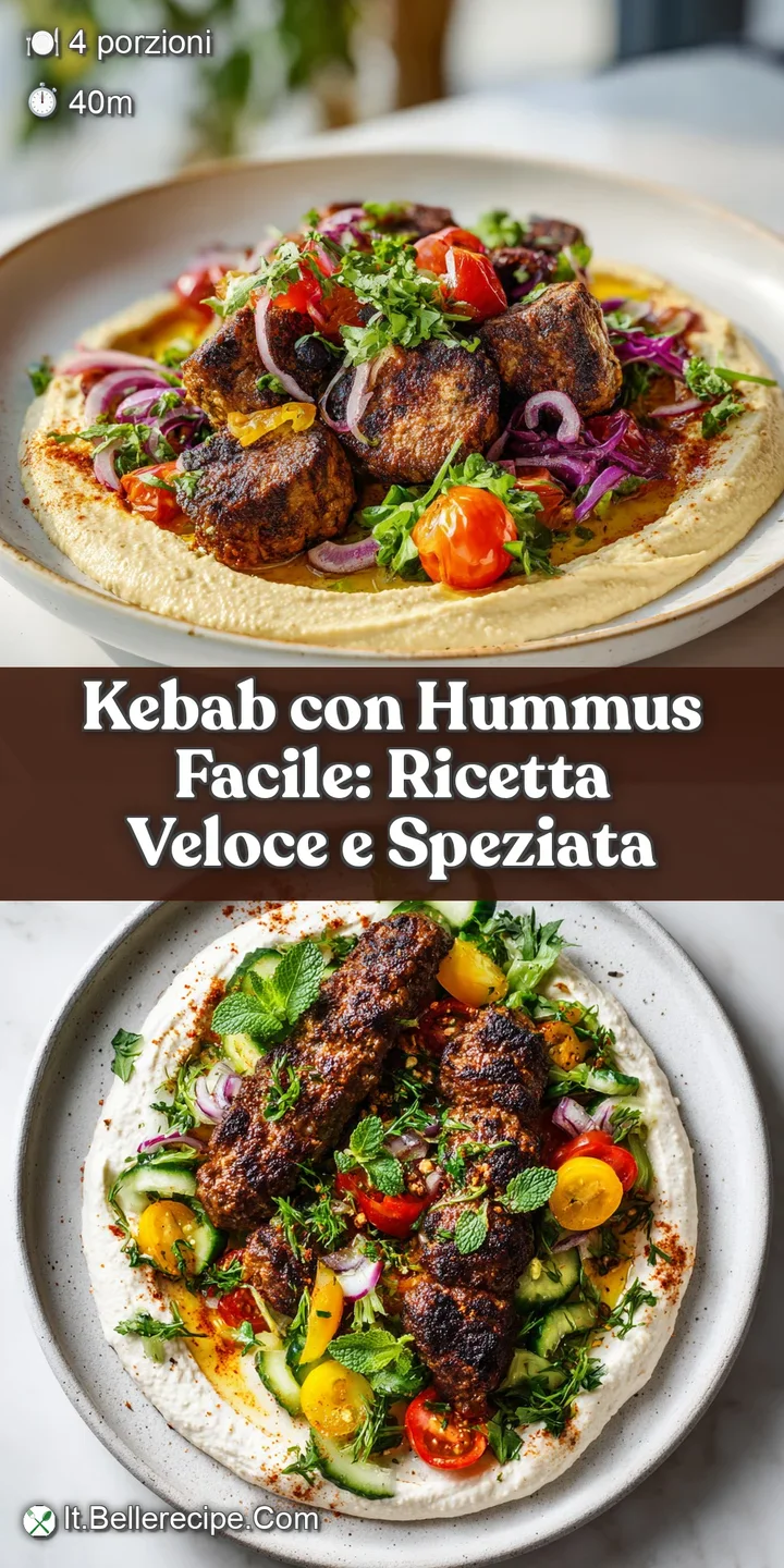 Close-up shot reveals tender, charred kebab meat and a drizzle of olive oil over velvety hummus, sprinkled with vibrant se...