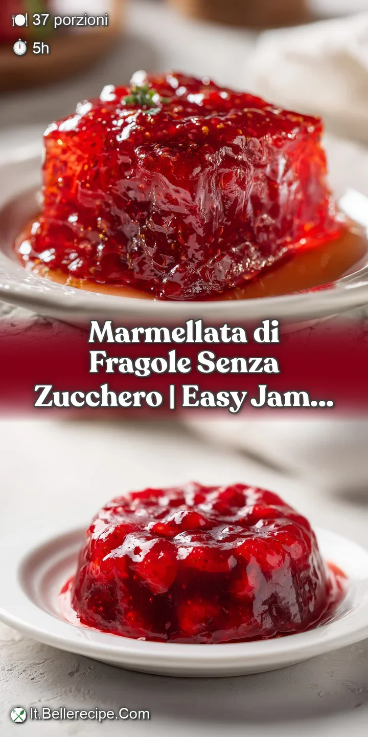 Close-up of a bright crimson strawberry jam, showing its sticky texture and juicy whole berries.