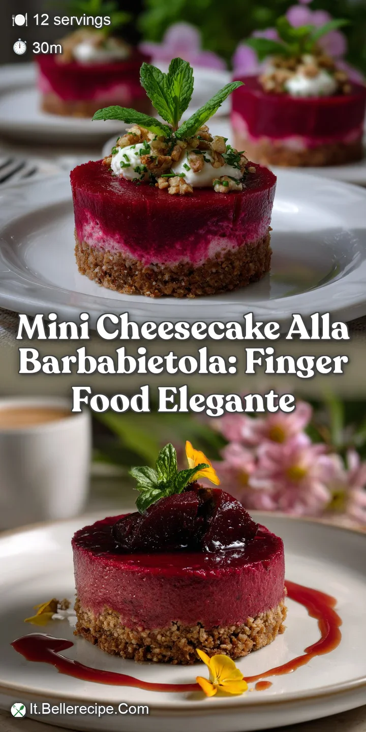 A close-up of a mini cheesecake's velvety surface revealing a rich pink hue. Hints of a crumbly, buttery base and fresh he...