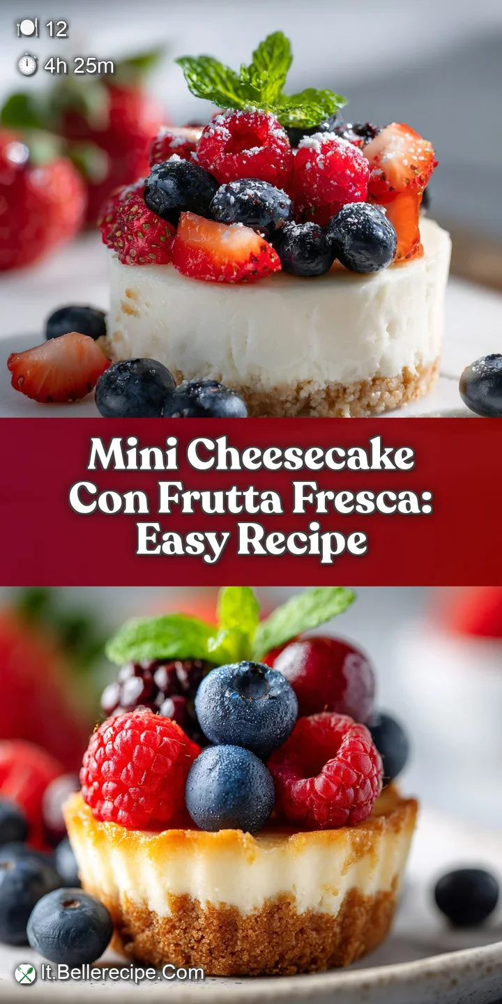 Close-up of a mini cheesecake featuring juicy strawberries and blueberries atop a smooth, decadent, pale yellow cream fill...