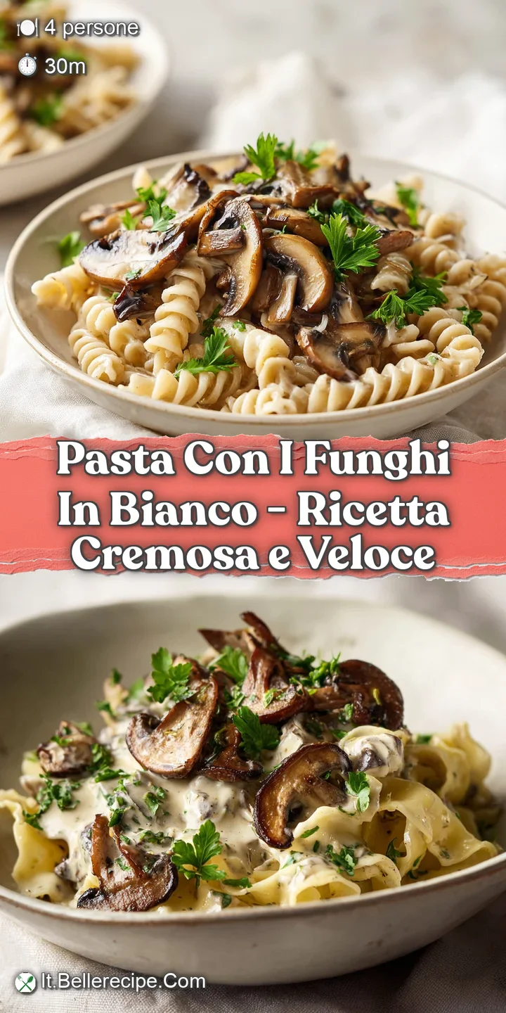 Primo piano di pasta vellutata e bianca, con funghi bruni lucidi e piccoli granelli di pepe nero macinato.