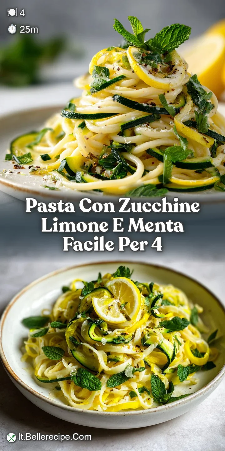 Close-up of glistening pasta strands intertwined with sauteed zucchini, showcasing the bright green herbs and the subtle s...
