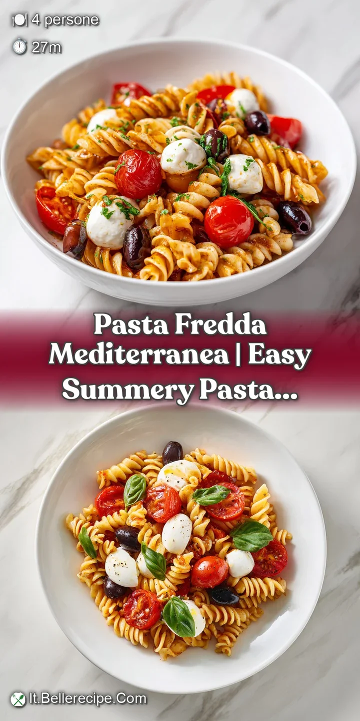 Primo piano di pasta fredda con texture cremosa, pomodorini rossi tagliati a met&agrave; e piccoli pezzi di olive nere lucide.