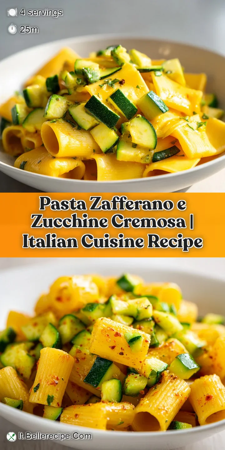 Primo piano ravvicinato di pasta cremosa giallo oro, zucchine tenere e lucide con un tocco di pepe nero macinato.