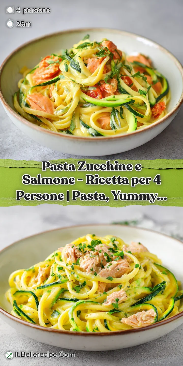 Close-up of pink salmon flakes melting into creamy pasta and delicate green zucchini ribbons.