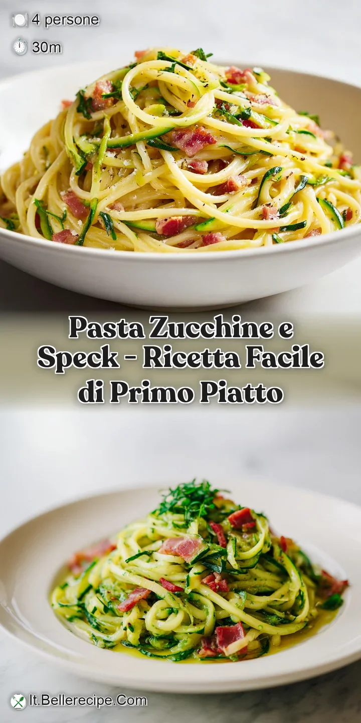 Close-up of creamy pasta, revealing tender zucchini strands intertwined with crispy, browned speck bits.