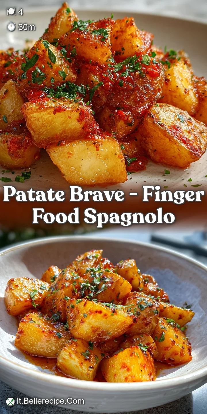 Close-up of crispy baked potato wedges, the smoky edges glistening with oil, topped with bright red brava sauce and creamy...