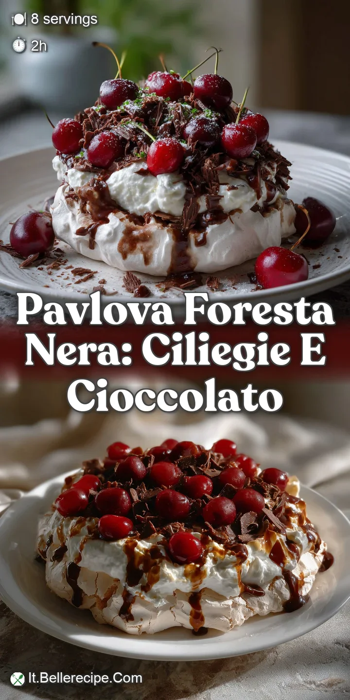 Close-up of a Pavlova slice reveals a delicate meringue shell, a swirl of whipped cream, and juicy dark cherries. Textures...