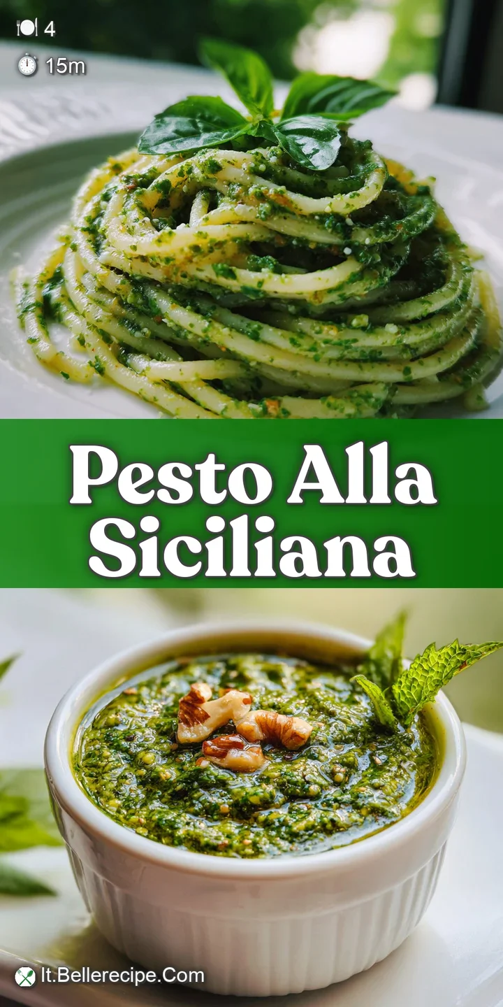 Close-up reveals the chunky texture of the tomato pesto clinging to the pasta, dotted with cheese and fresh basil.