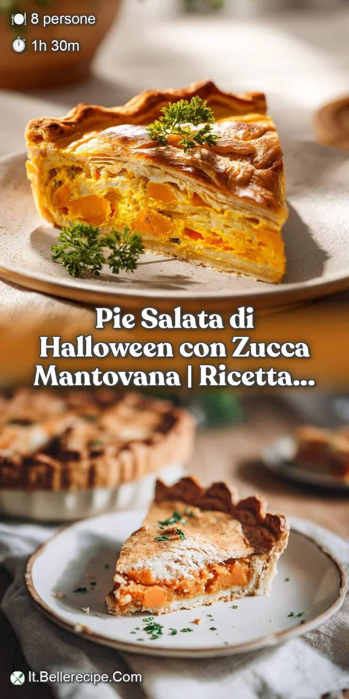 Close-up of Halloween pie: the warm, inviting blend of roasted vegetables and pumpkin filling peeks from the golden crust.