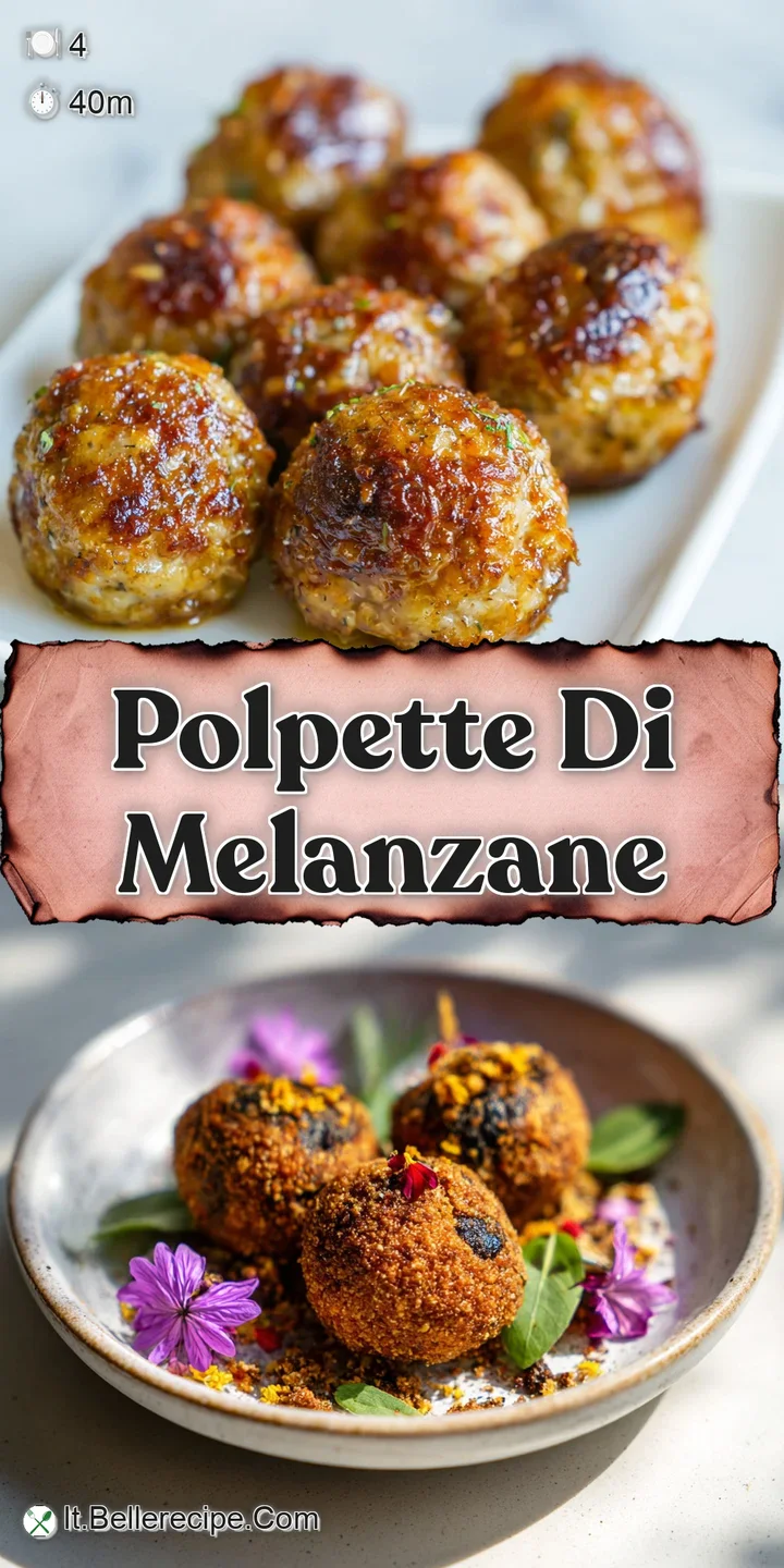 Close-up of tender eggplant meatballs with crispy edges, speckled with herbs and glistening with olive oil, fresh from the...