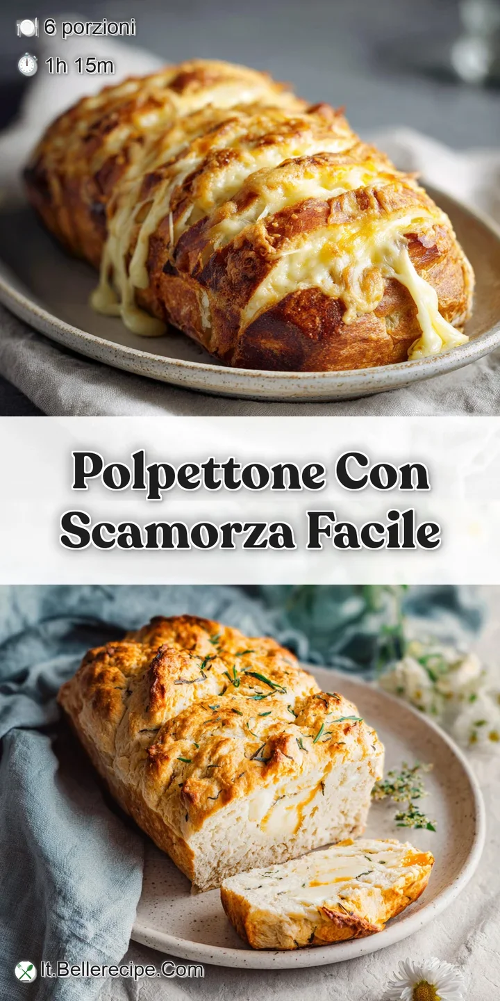Close-up of juicy, baked polpettone. Molten scamorza cheese oozes, creating a delectable, bubbly texture. Browned, flavorf...