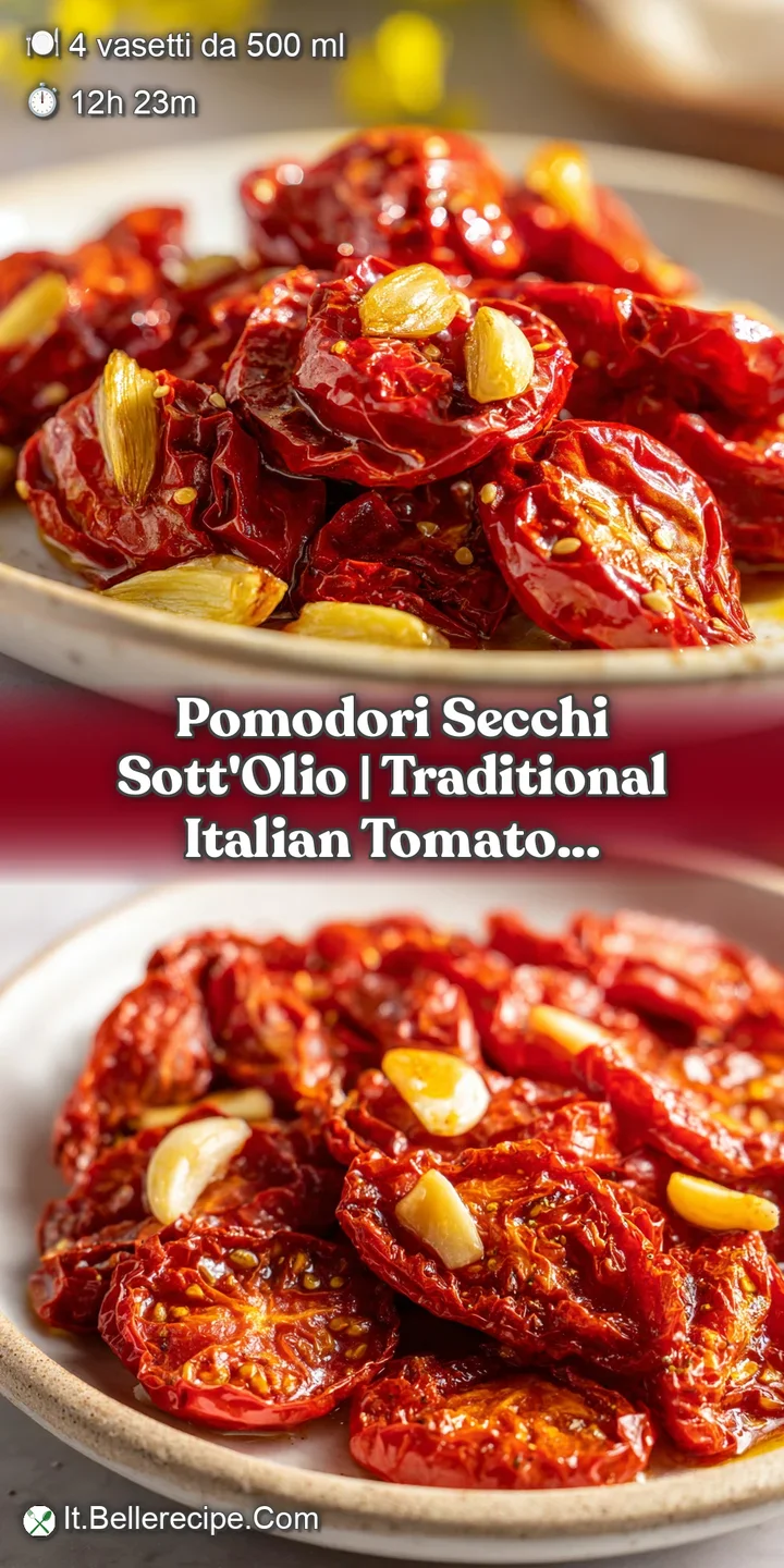 Dettaglio ravvicinato di pomodori rosso intenso dalla consistenza vellutata, lucidi e immersi in un olio dorato.