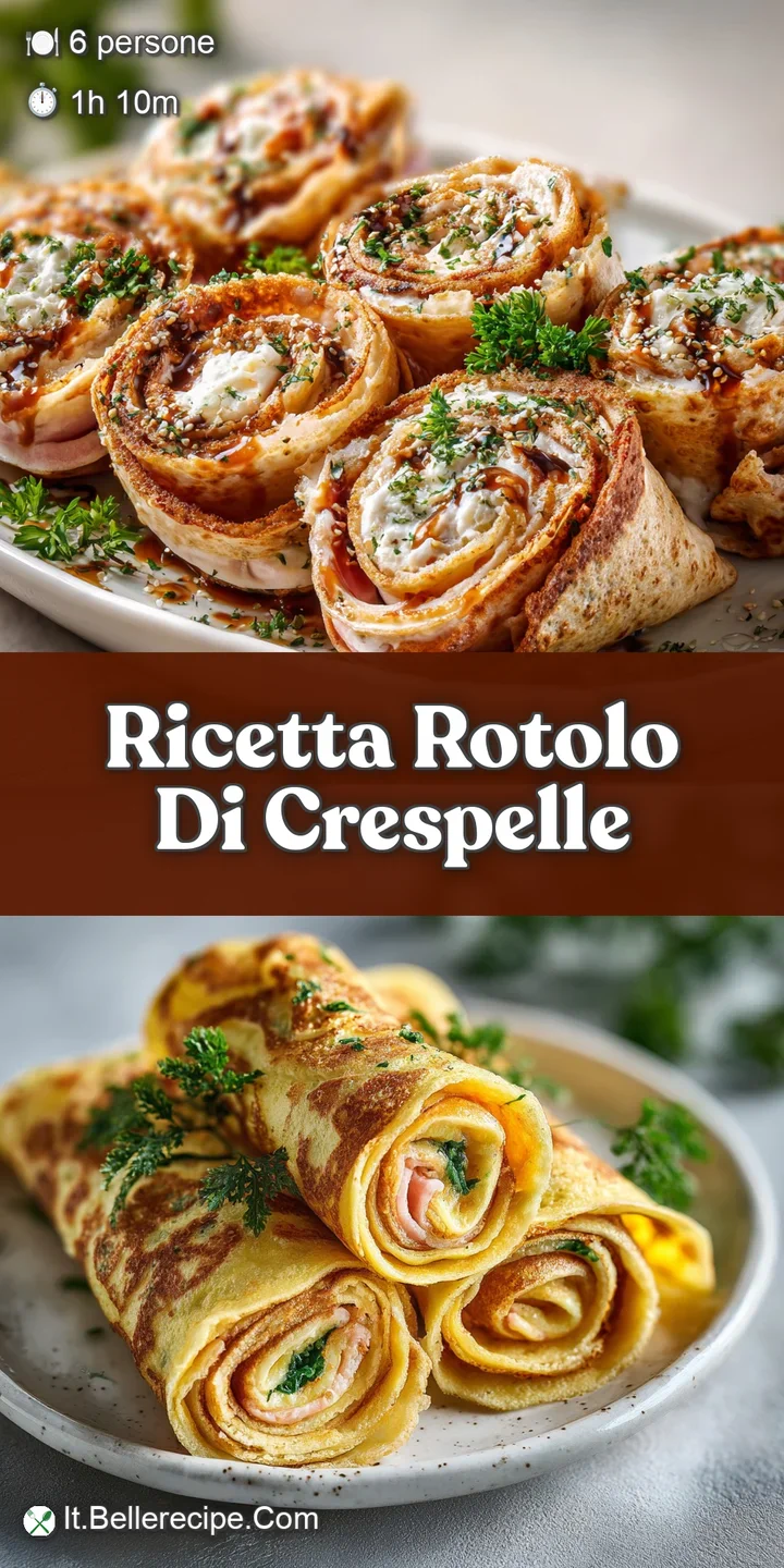 Close-up of a warm slice of rotolo, layers visible; soft crepes, bright spinach filling, and a bubbly, browned cheese crust.