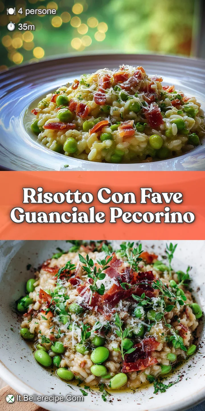 Close-up view of rich, creamy risotto with tender fava beans, salty guanciale, and sharp pecorino. A warm, inviting dish.