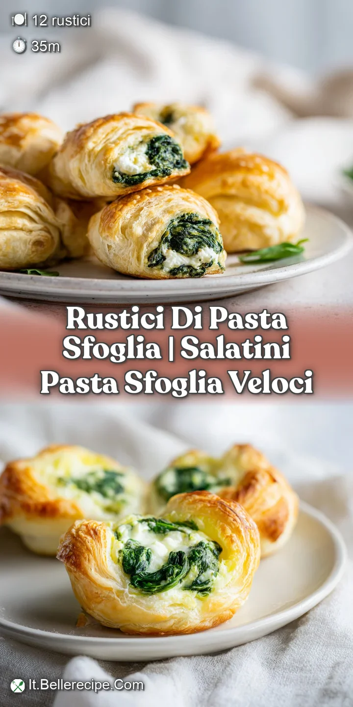 Primo piano di un rustico croccante: si vede la sfoglia alveolata e il cuore morbido di ricotta e spinaci saporiti.