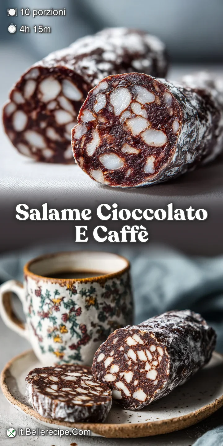 Close-up of rich, dark chocolate salami with a slightly rough, matte texture. Hints of coffee and biscuit add depth.