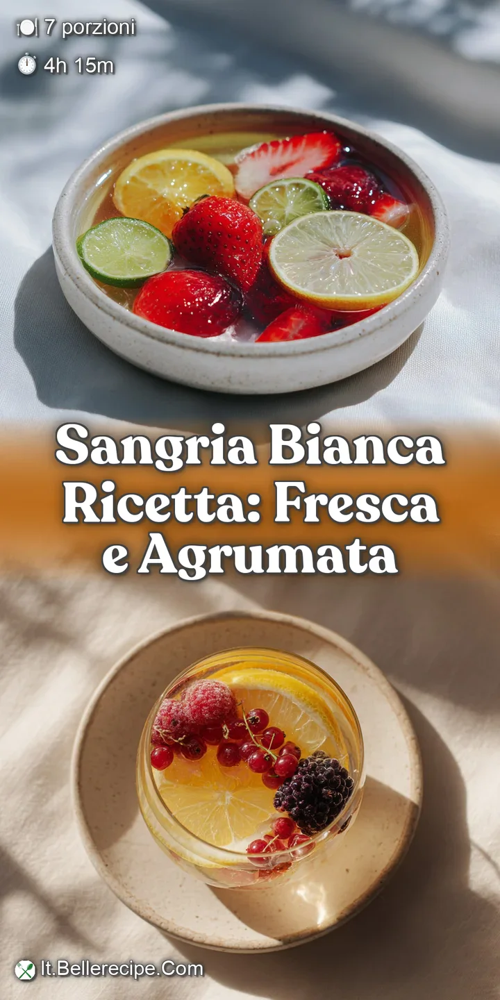 Close-up of Sangria Bianca swirling with green grapes, lemon, and orange slices. Bubbles rise in the chilled white wine dr...