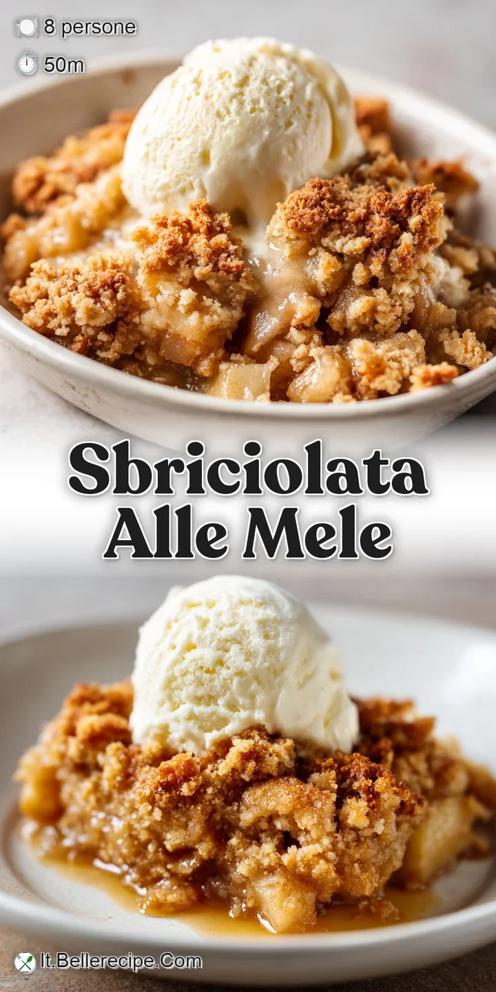 Close-up of apple crumble pie showcasing the soft, spiced apple filling peeking through the golden, buttery, and crispy cr...