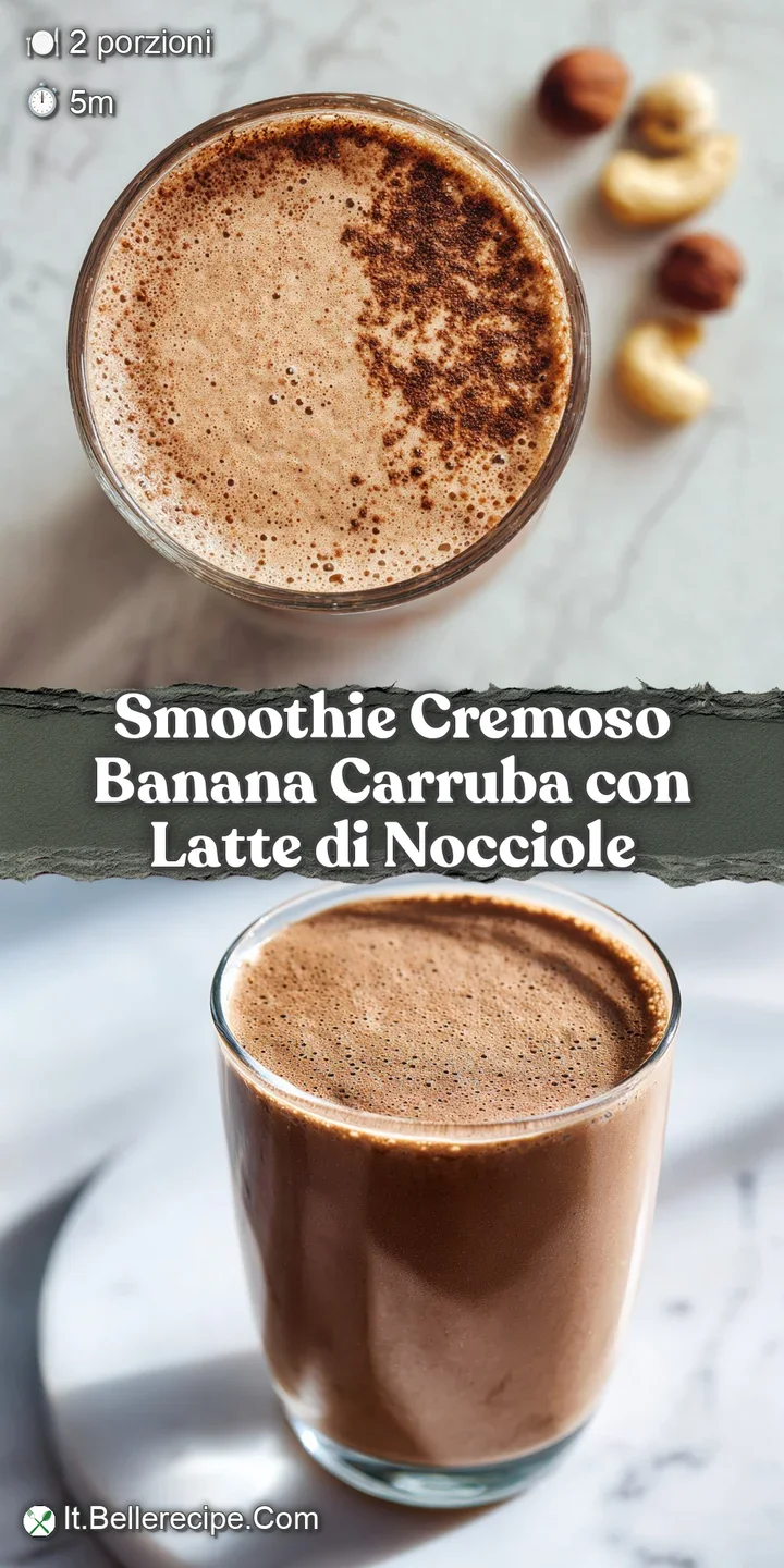 Close-up of a thick, light-brown banana smoothie. Hints of carob powder create a subtle texture. Visually appealing and re...