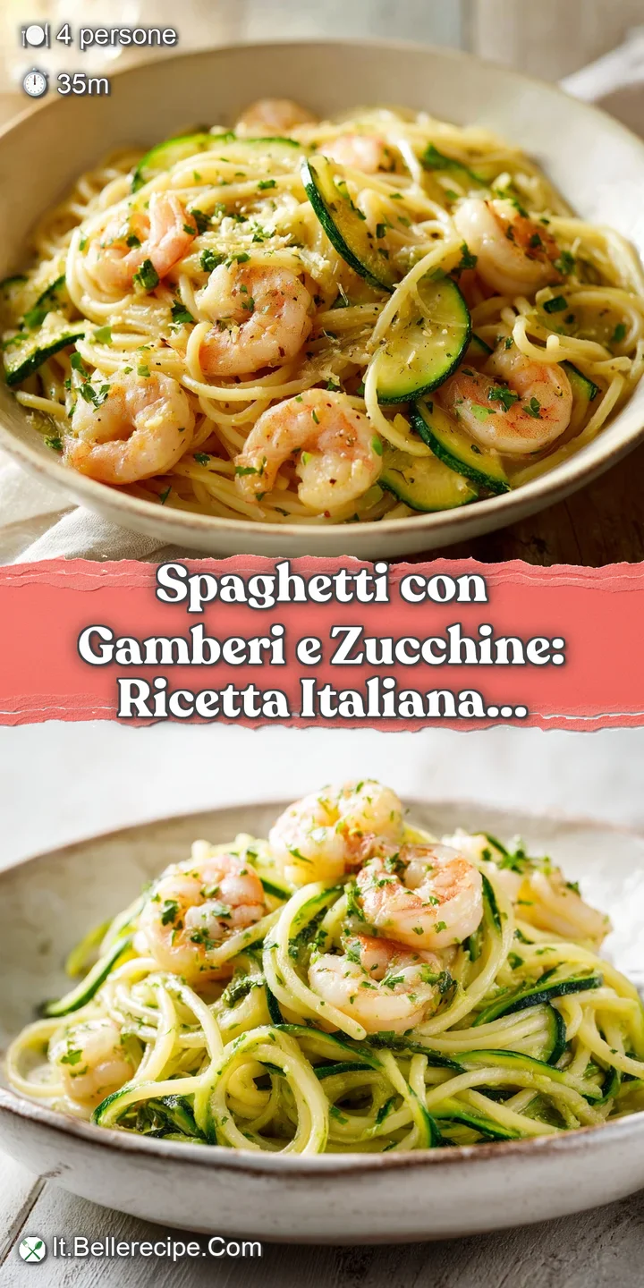 Close-up of al dente spaghetti strands glistening with a light sauce, showcasing plump shrimp and tender zucchini slices.