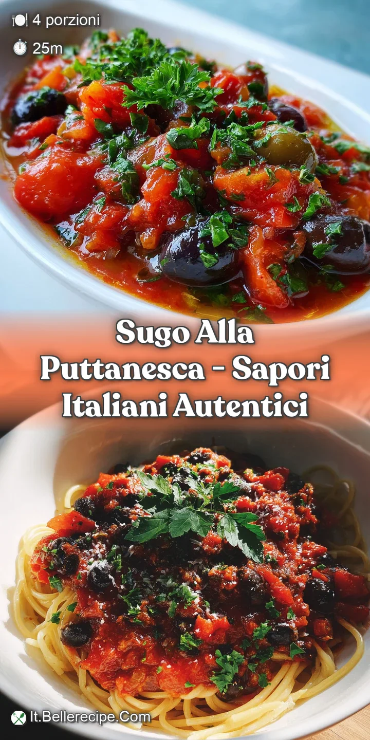 Close-up of glistening puttanesca sauce clinging to spaghetti, showcasing the rich texture of tomatoes, olives, and capers.