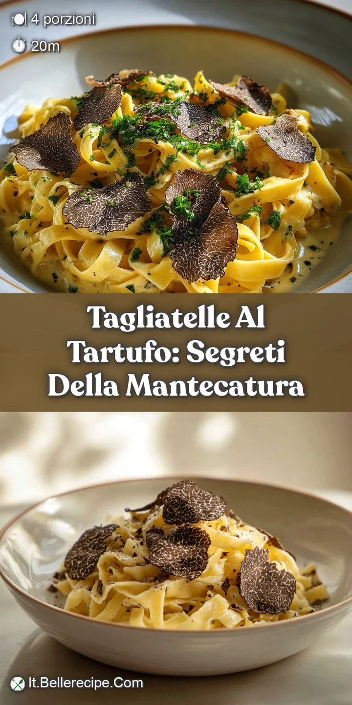 Close-up of tangled tagliatelle pasta shimmering in a decadent, cheesy sauce with luxurious shavings of black truffle.