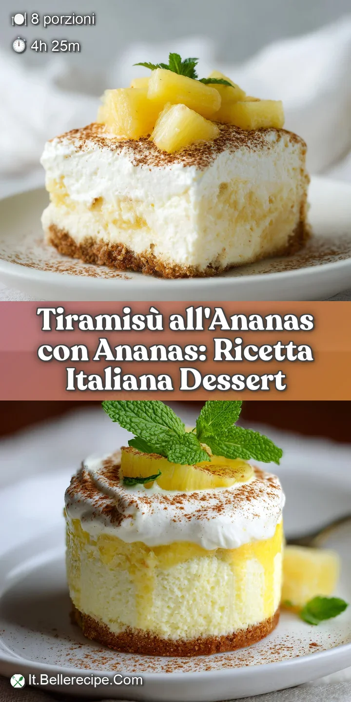 Close-up of pineapple tiramisu layers: creamy mascarpone, coffee-soaked ladyfingers, and bright pineapple. Dusting of coc...