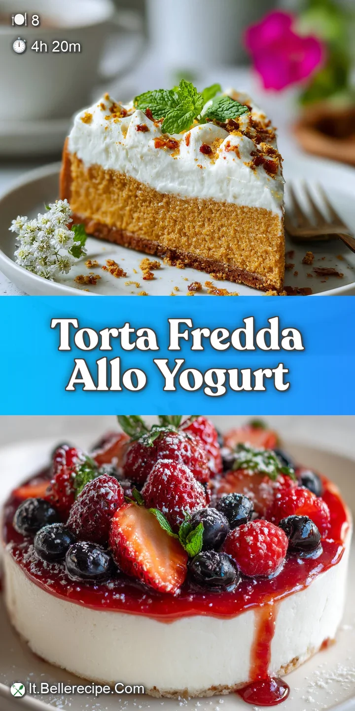 Close-up reveals the creamy texture of a no-bake yogurt cake studded with juicy, ripe fruit. A light dusting of cocoa adds...