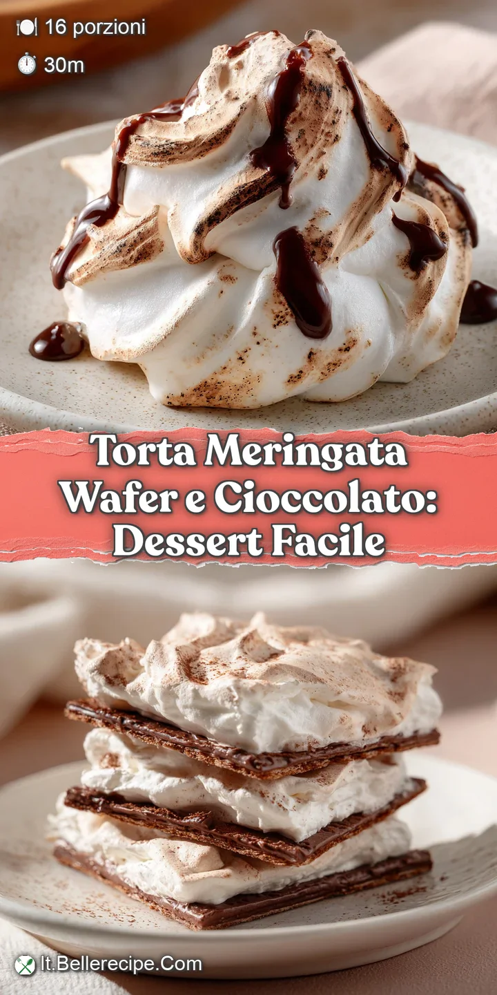 Close-up reveals crisp wafer layers alternating with dark chocolate, topped with fluffy, golden-brown Italian meringue peaks.